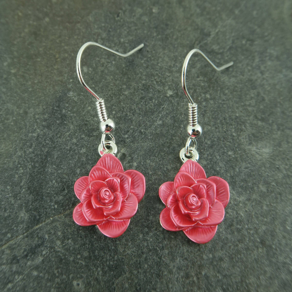 Camellia Pink Flower Drop Hook Earrings