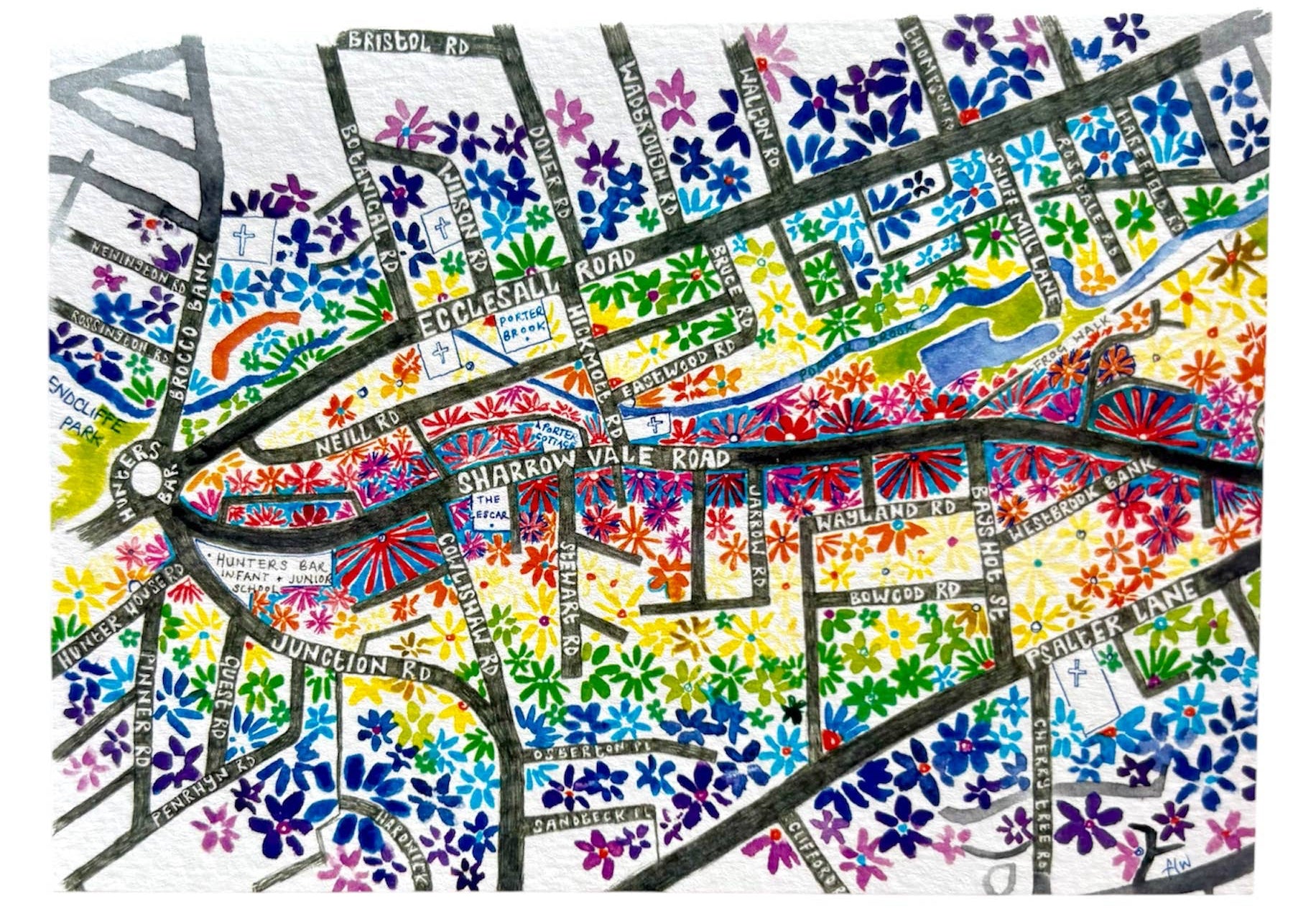 Sharrowvale Rd Sheffield map A6 hand painted greetings card 