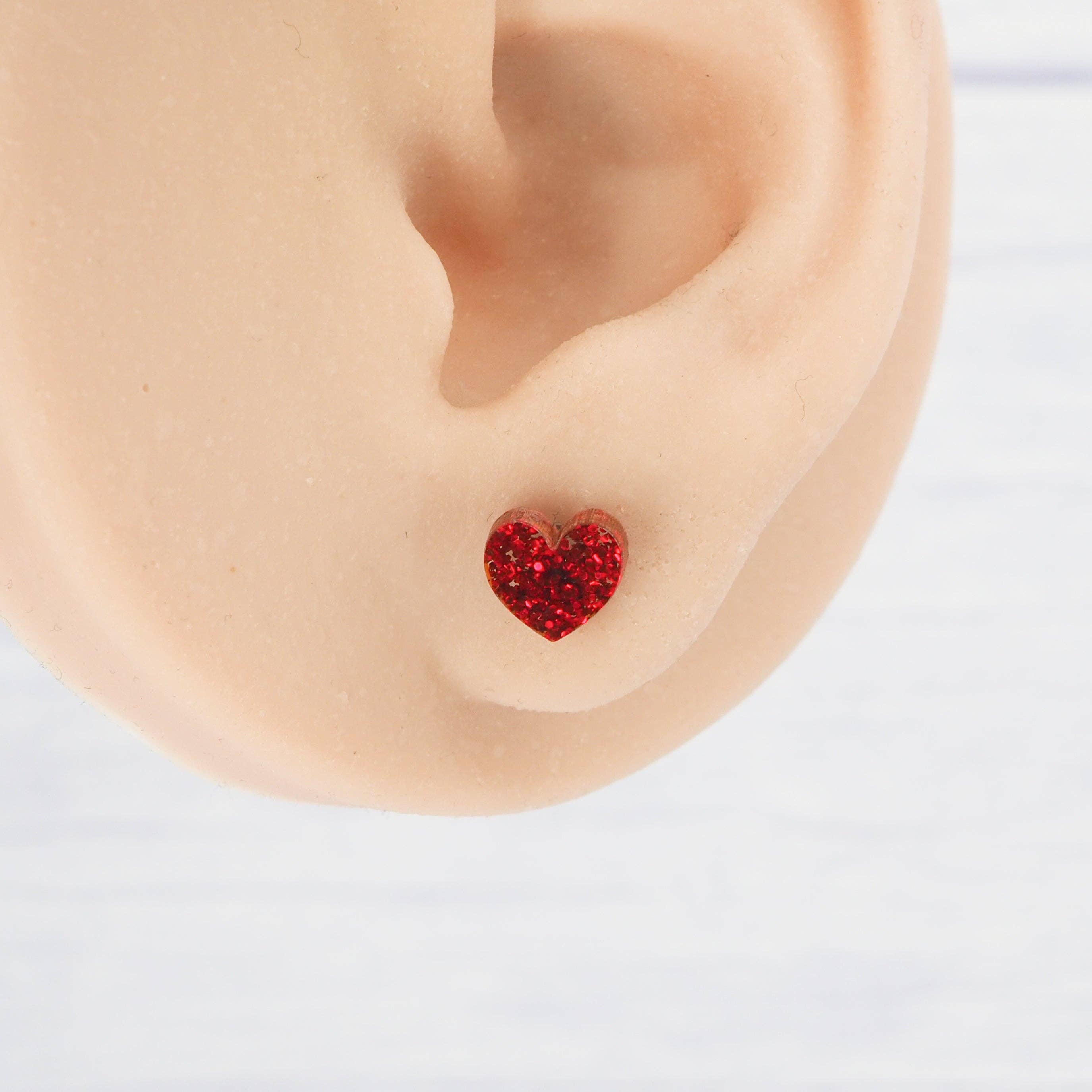 Red glitter small heart acrylic studs