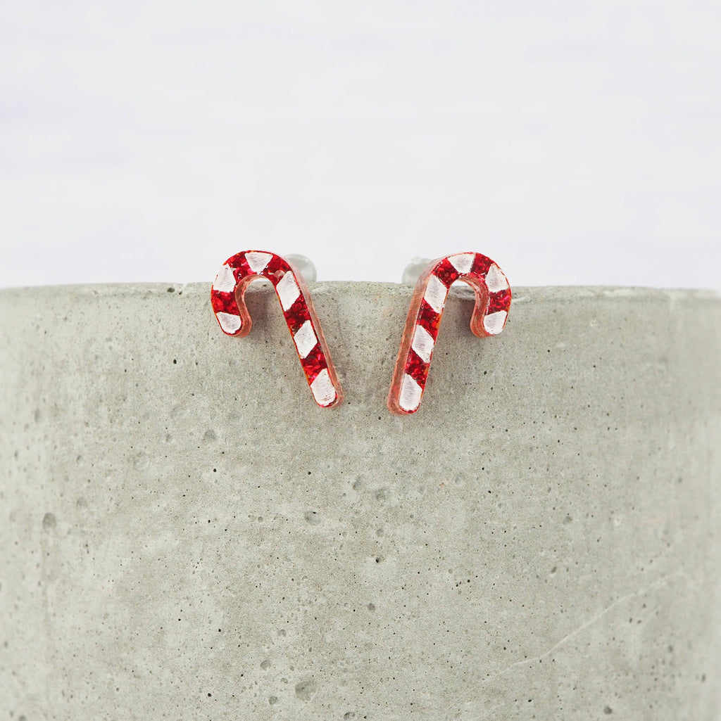 Red glitter candy cane Christmas studs