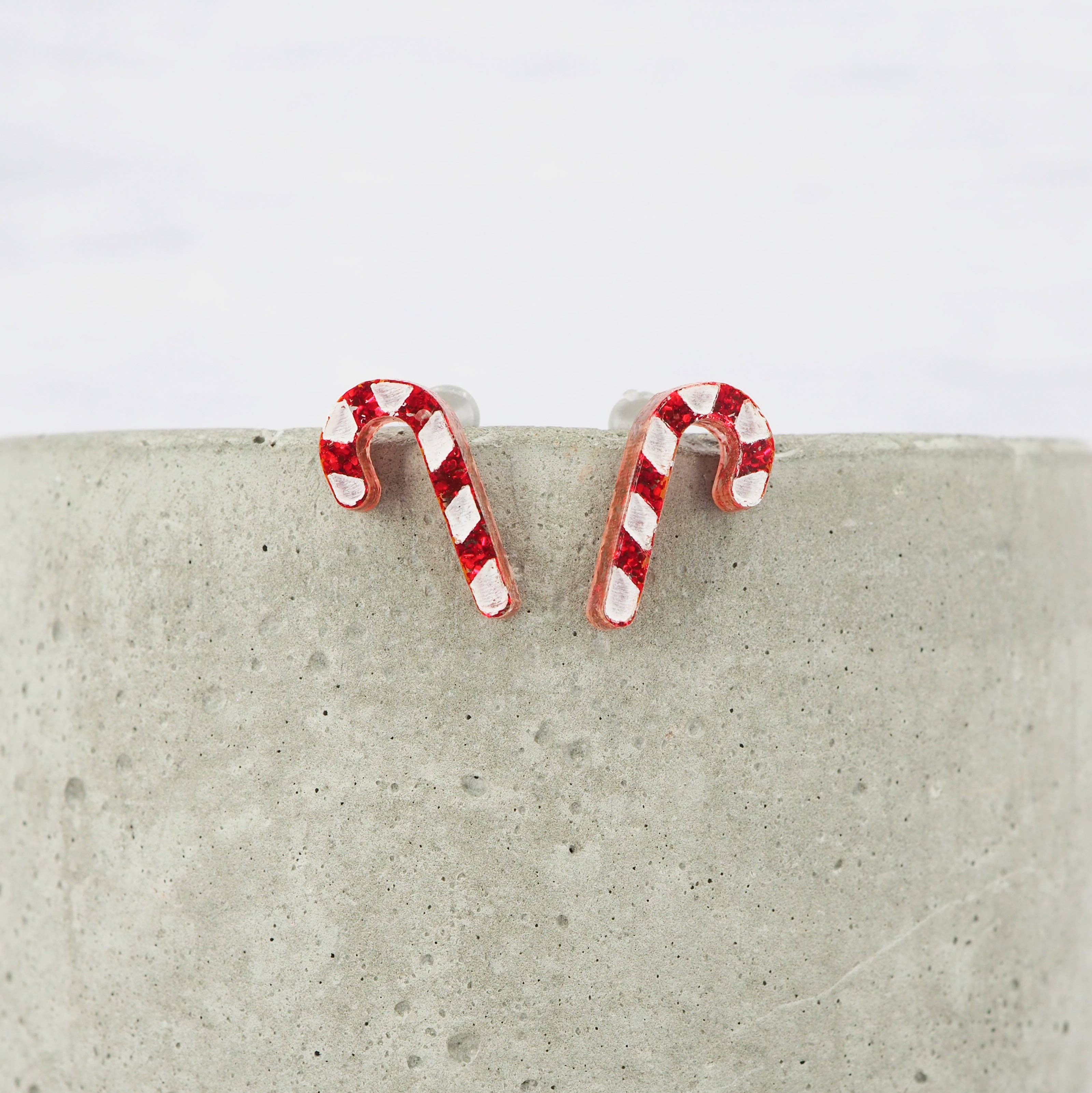 Red glitter candy cane Christmas studs
