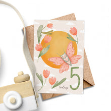 Load image into Gallery viewer, Age 5 Butterfly Birthday Card - Kids 5th Birthday.
