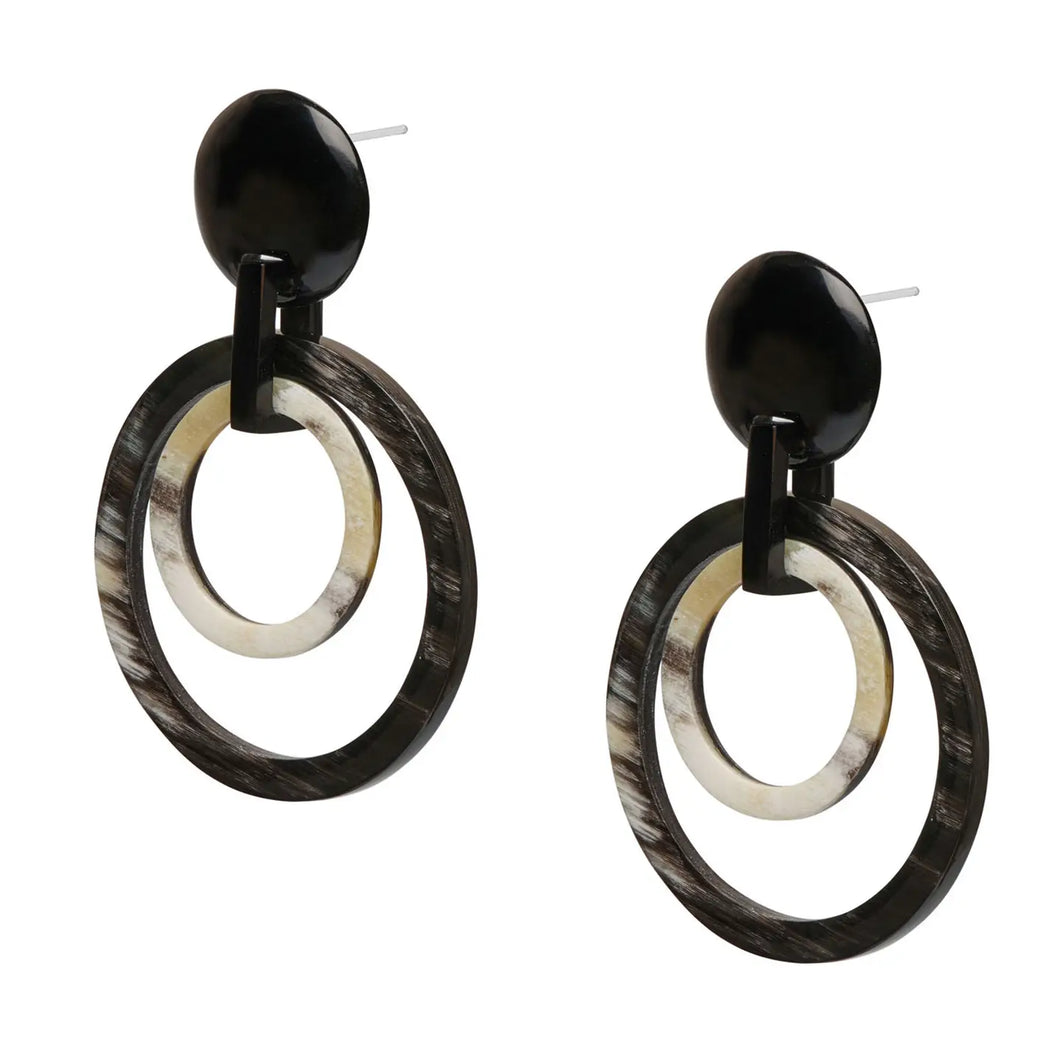 Double Round Link Horn Earrings - Black Natural