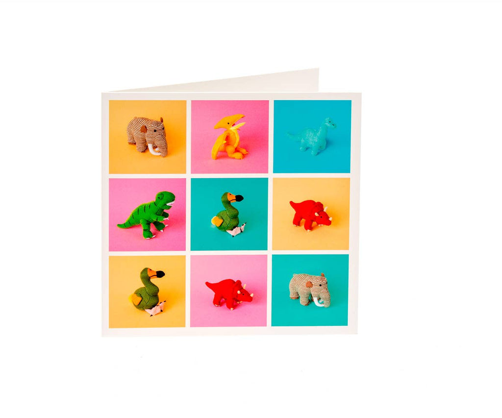 Knitted Dinosaur Toys in Grid Pattern Greetings Card