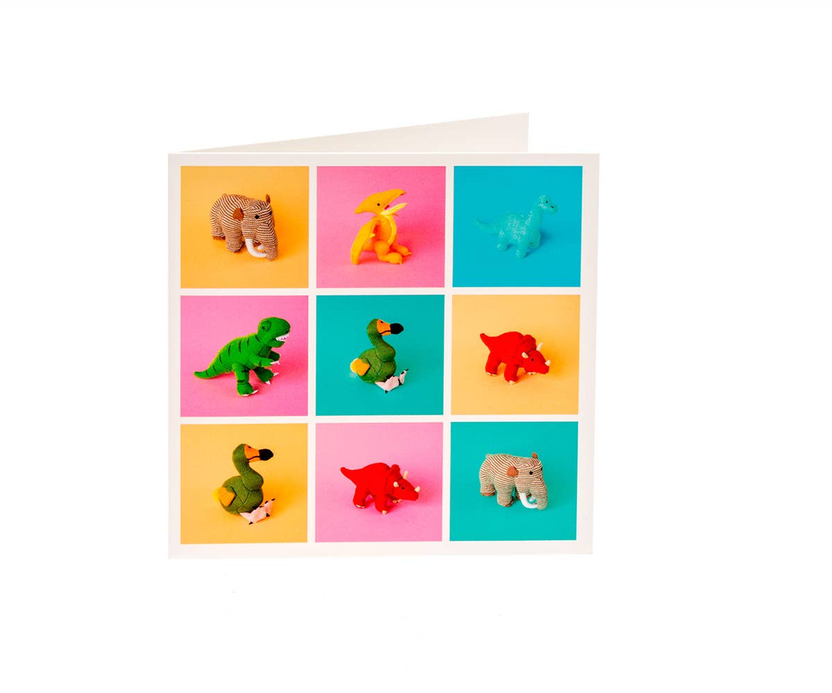 Knitted Dinosaur Toys in Grid Pattern Greetings Card