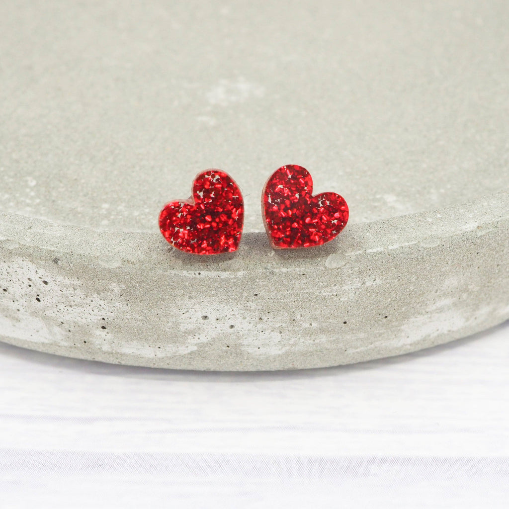 Red glitter small heart acrylic studs