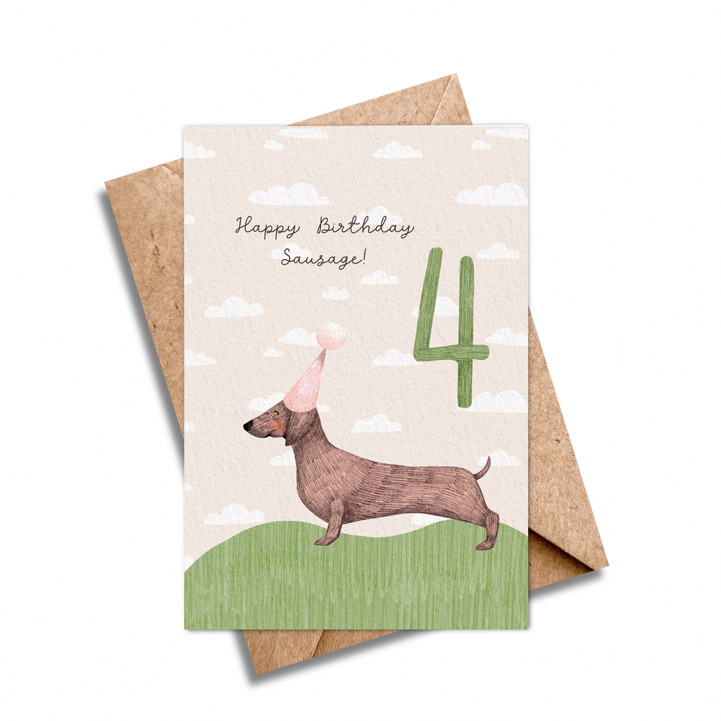 Age 4 Sausage Dog Birthday Card - Children Age’s Card
