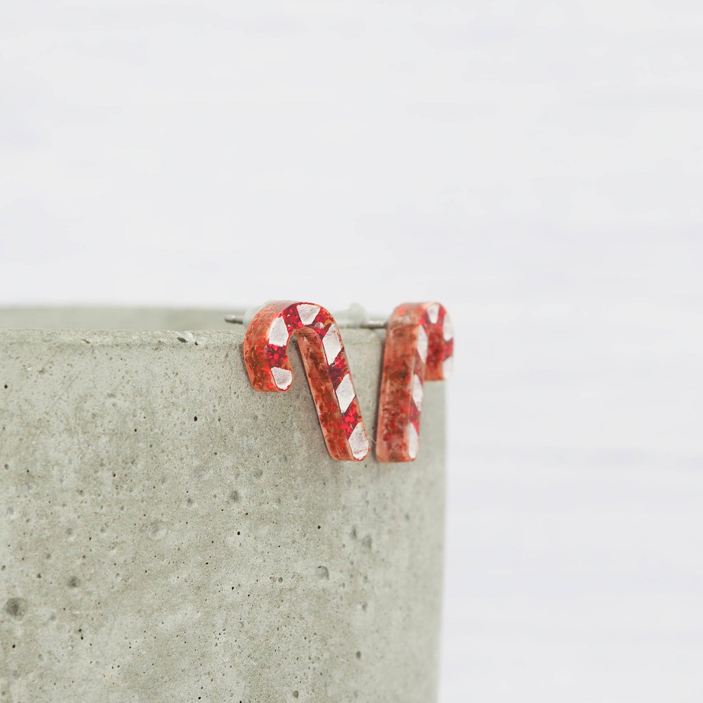 Red glitter candy cane Christmas studs