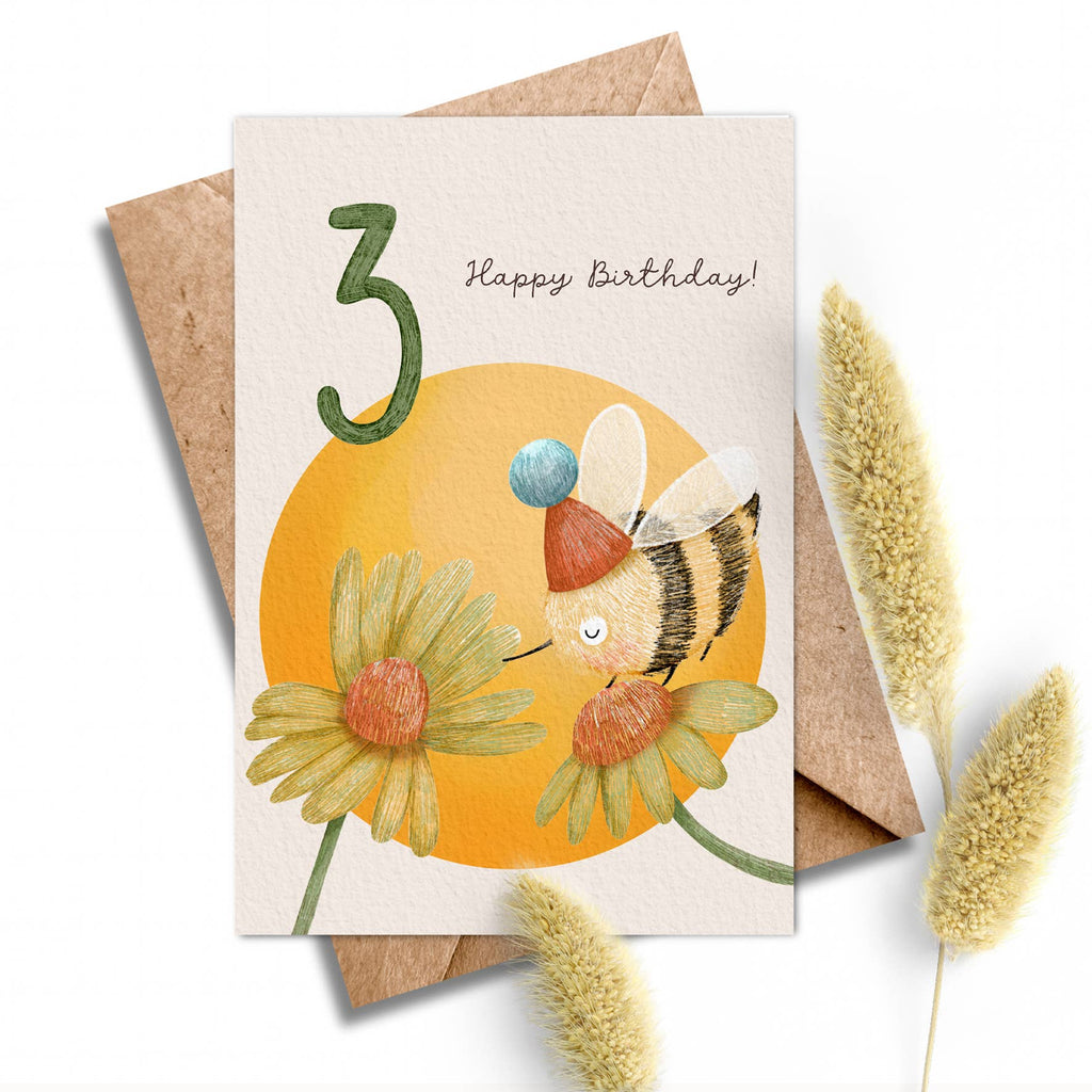 Age 3 Bee Birthday Card - Kids 3rd Birthday Yellow Card.