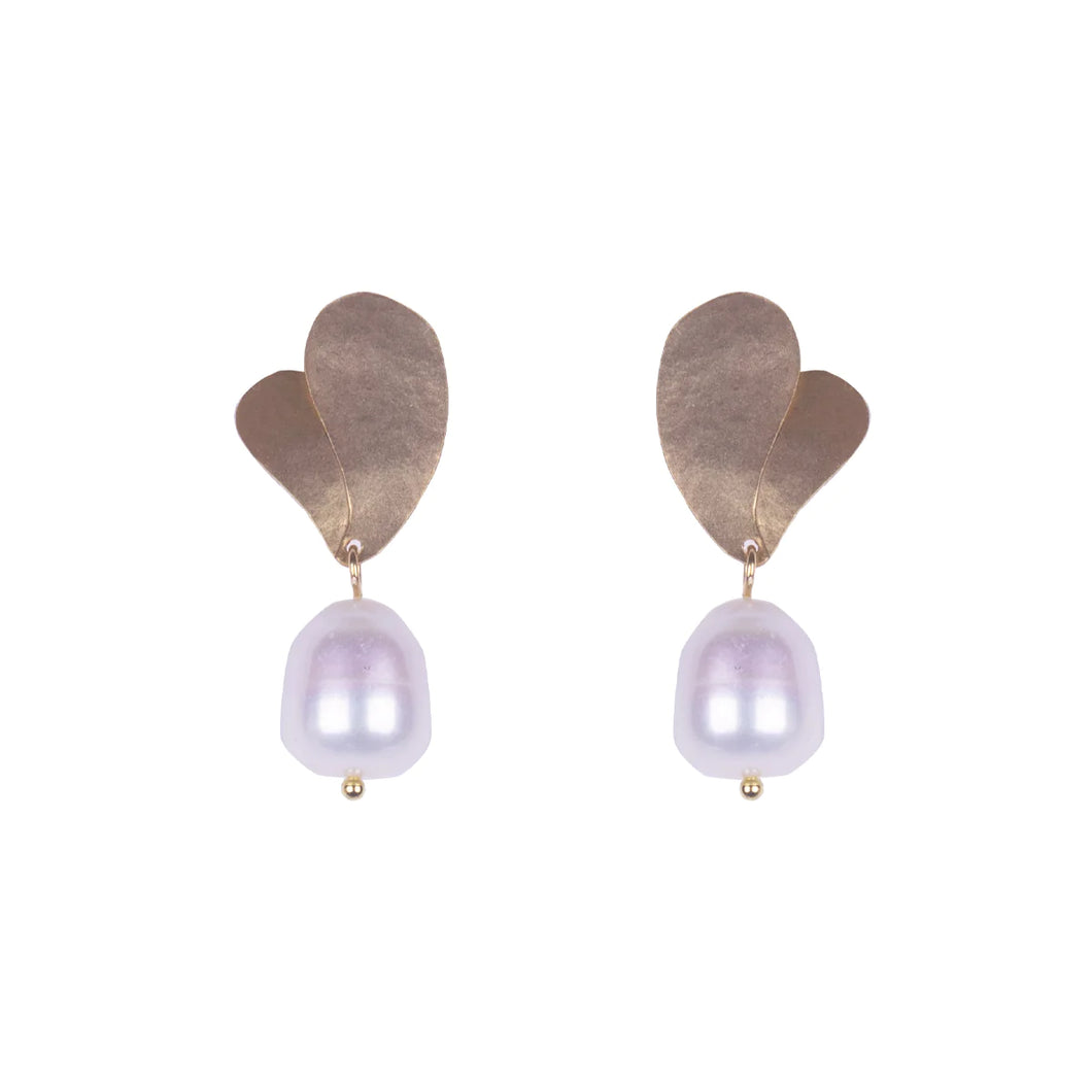 Bronze Double Leaf Pearl Drop Earrings