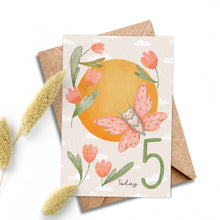 Load image into Gallery viewer, Age 5 Butterfly Birthday Card - Kids 5th Birthday.
