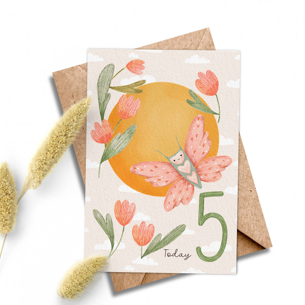 Age 5 Butterfly Birthday Card - Kids 5th Birthday.