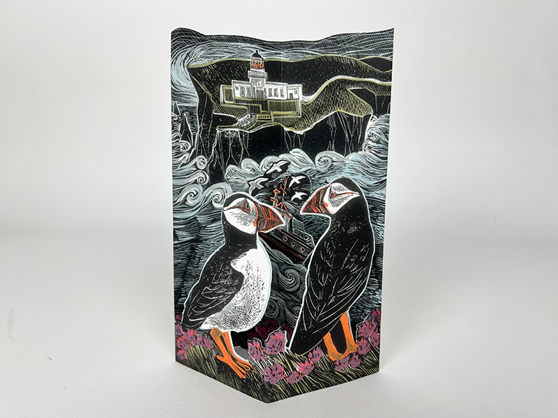 3D folding card - Fair Isle Puffins at the North Lighthouse