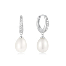 Load image into Gallery viewer, Freshwater Pearl and White Cubic Zirconia Pavé Drop Huggies
