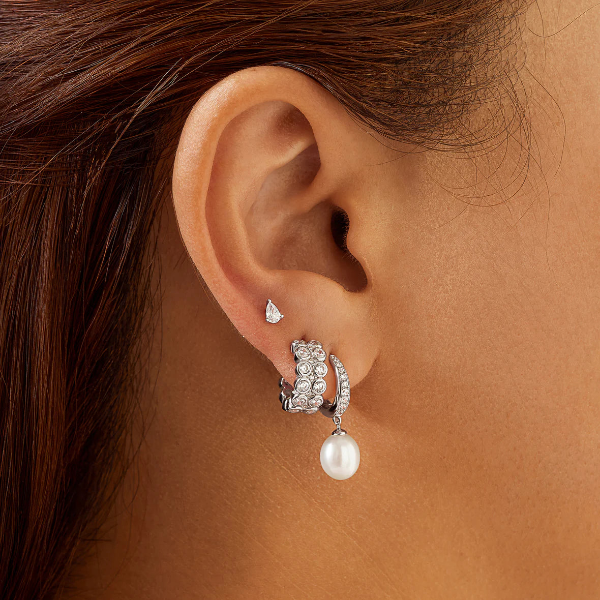 Freshwater Pearl and White Cubic Zirconia Pavé Drop Huggies