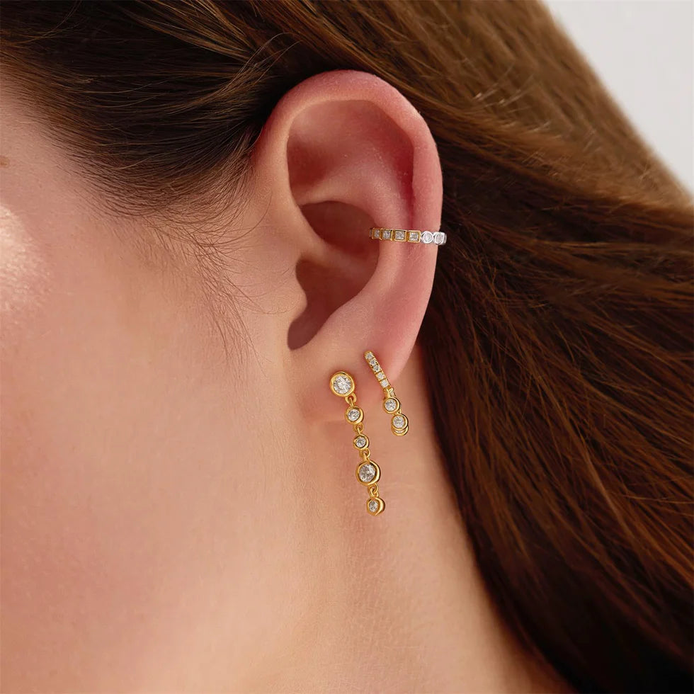 Silver Trio-Drop Huggie Hoop Earrings