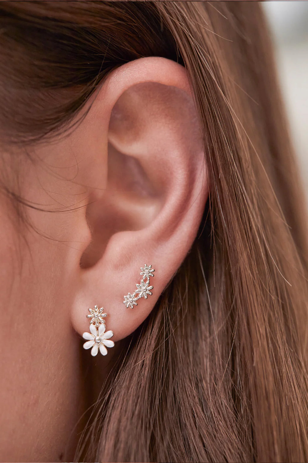 White Enamel Double Flower Studs (Silver Plated)