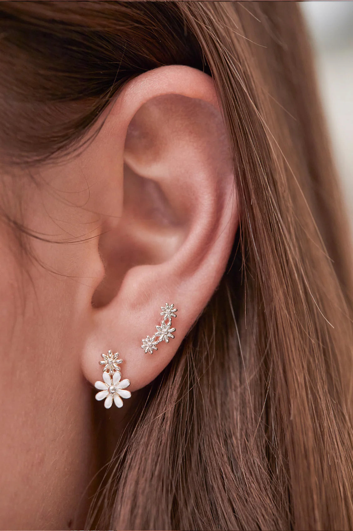 White Enamel Double Flower Studs (Silver Plated)