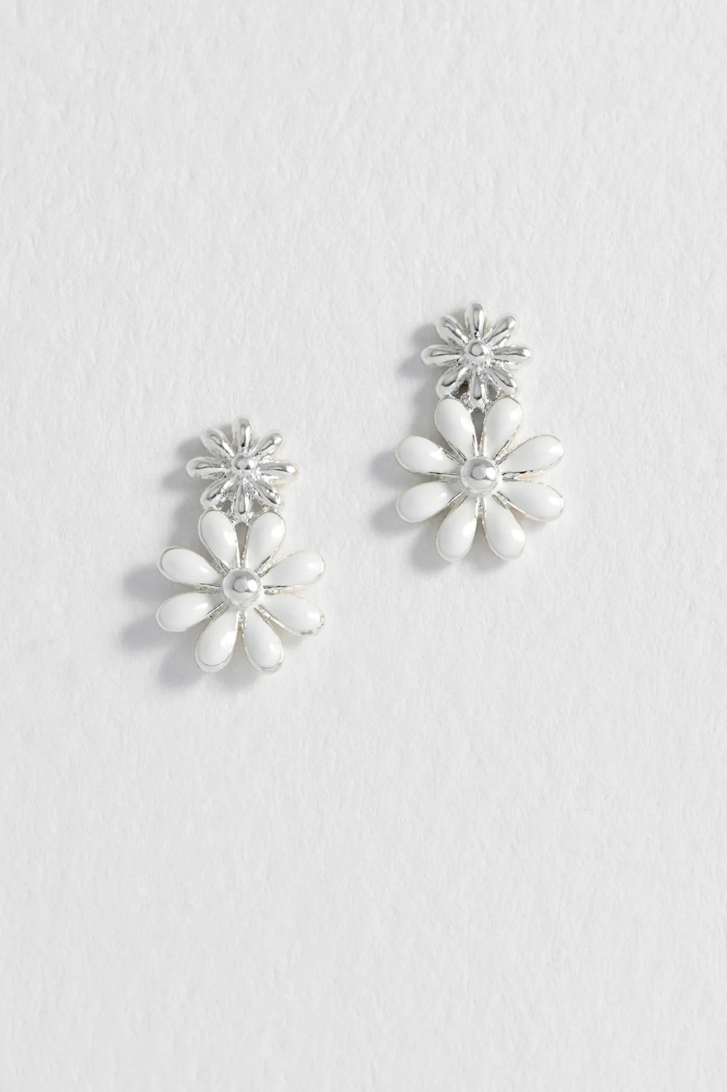 White Enamel Double Flower Studs (Silver Plated)