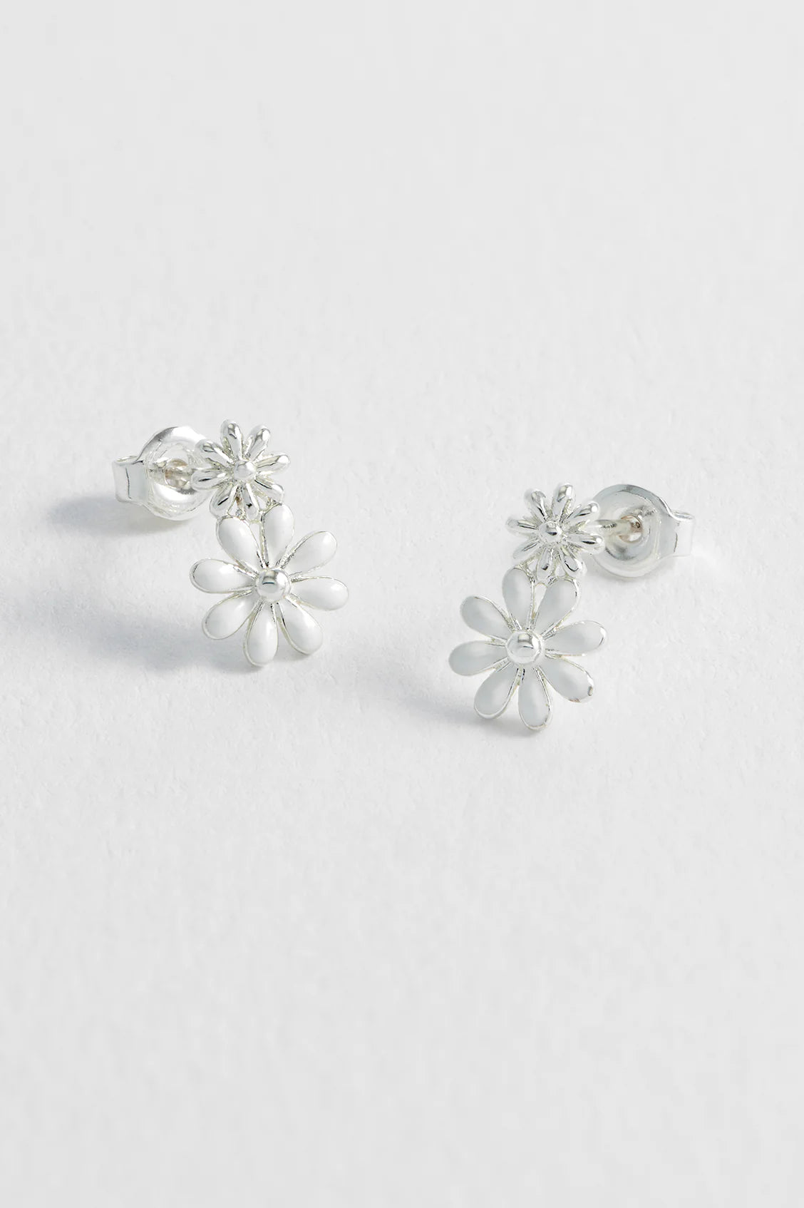 White Enamel Double Flower Studs (Silver Plated)
