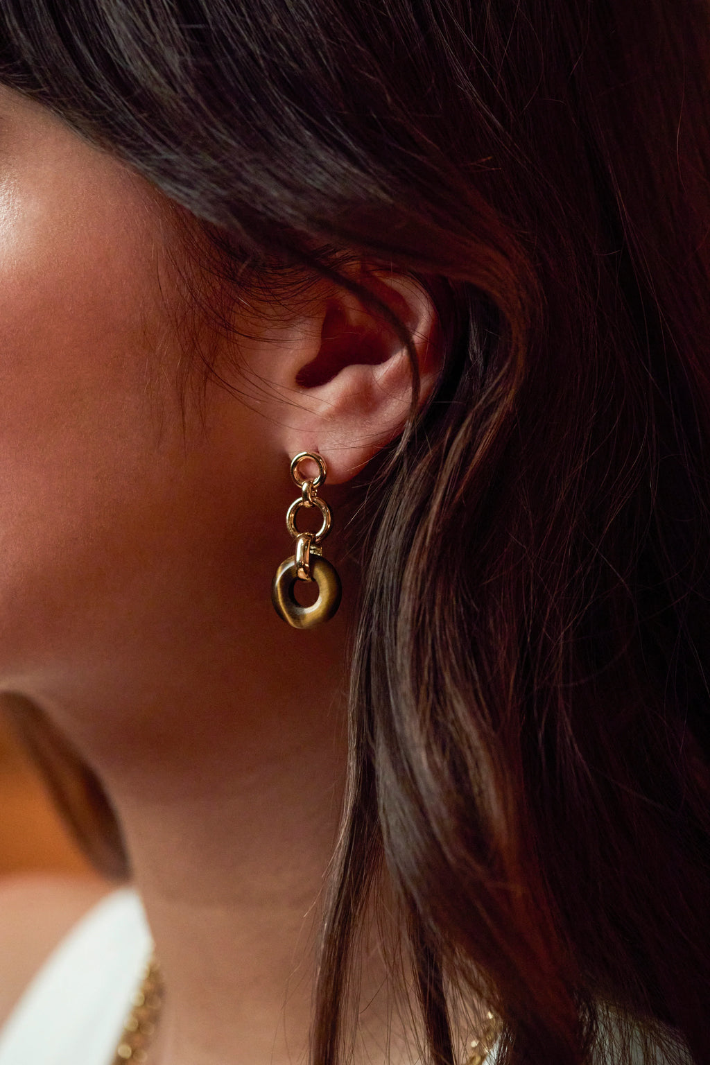 EB EDIT WATERPROOF PVD COATED Tigers Eye Graduated Round Link Drop Earrings