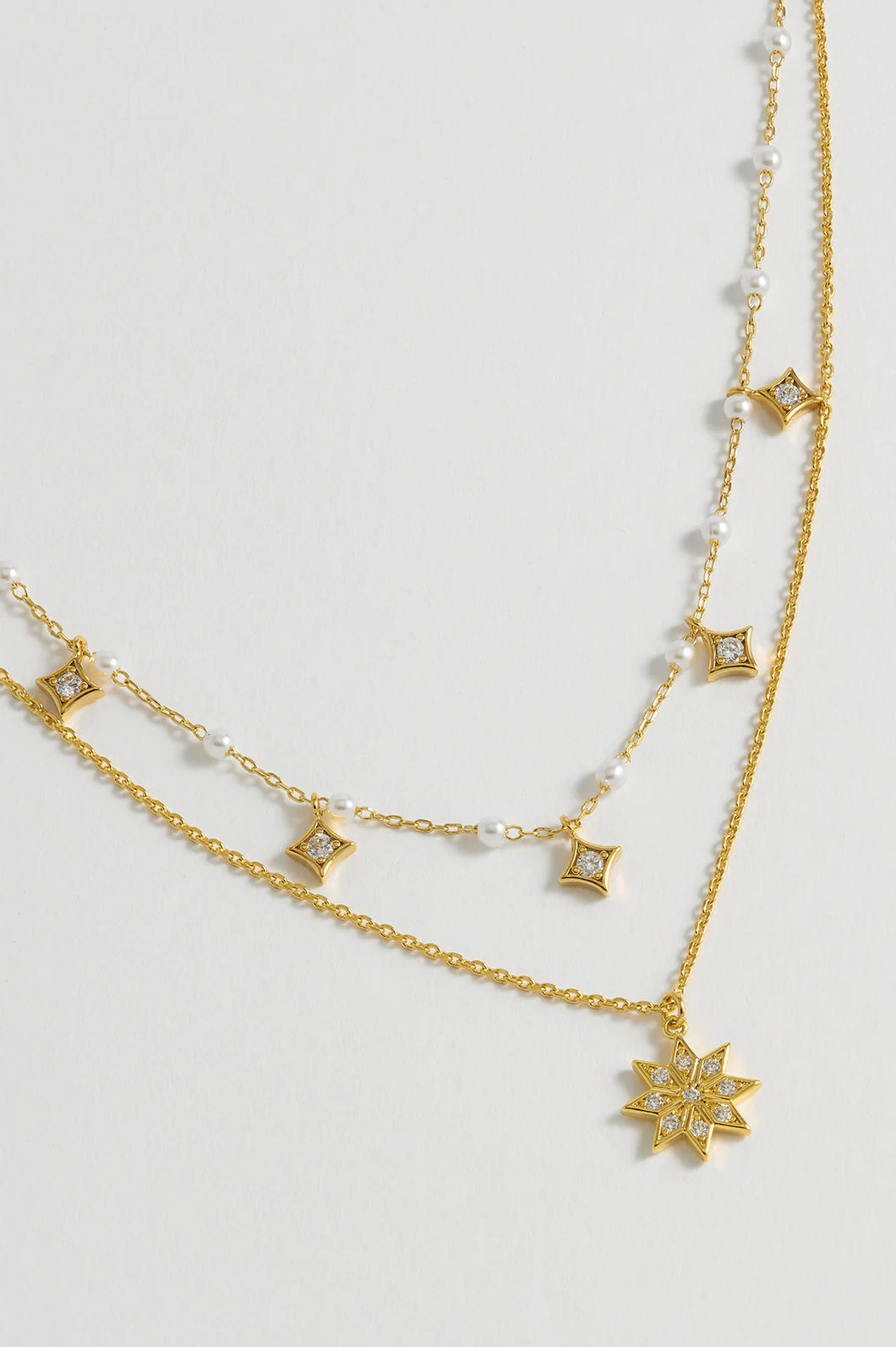 EB EDIT Pearl and Star Double Chain Necklace - Gold Plated