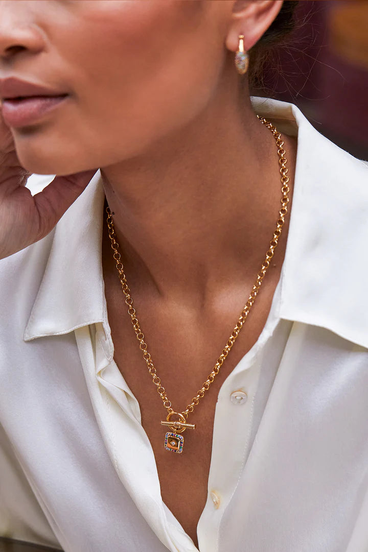 EB EDIT Square Multi CZ Paper Link T-Bar Necklace - Gold Plated