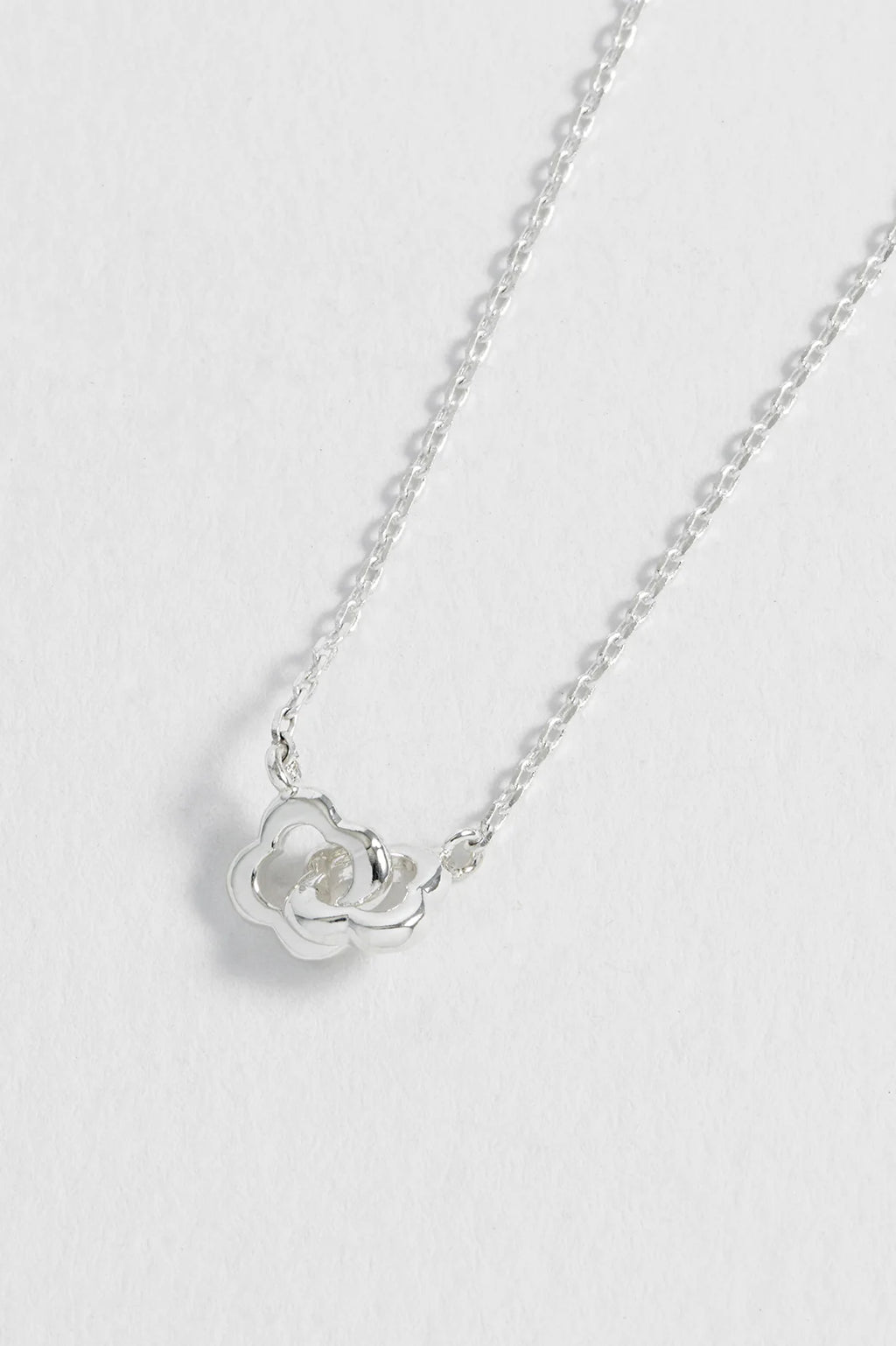 Silver necklace with a heart-shaped pendant on a white background