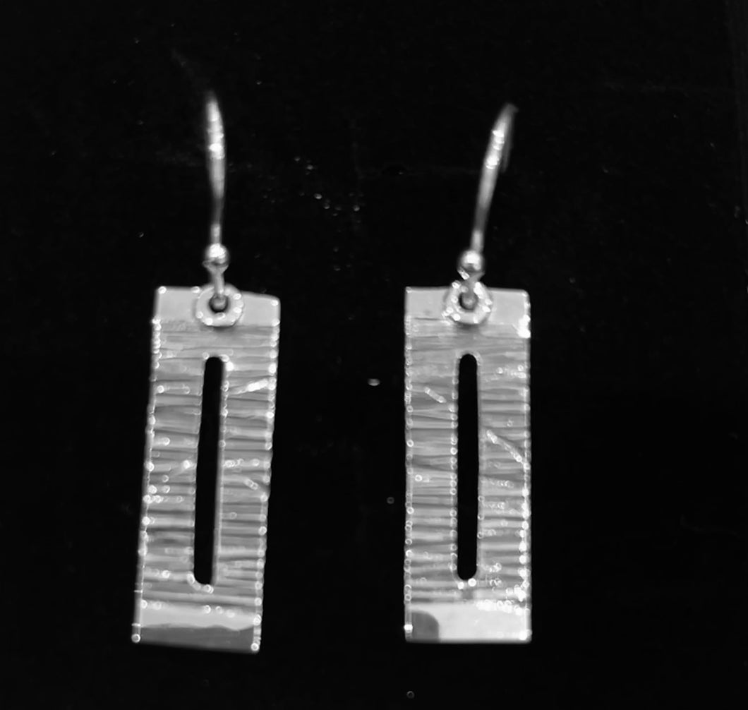 Silver ice rectangle drop earrings with hammered finish