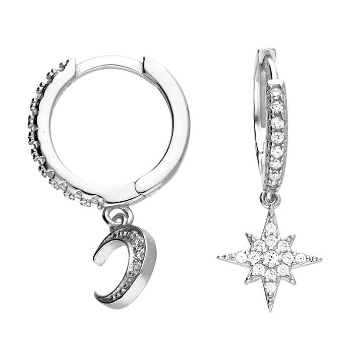 Sterling silver rhodium-plated moon and star huggie earrings with cubic zirconia