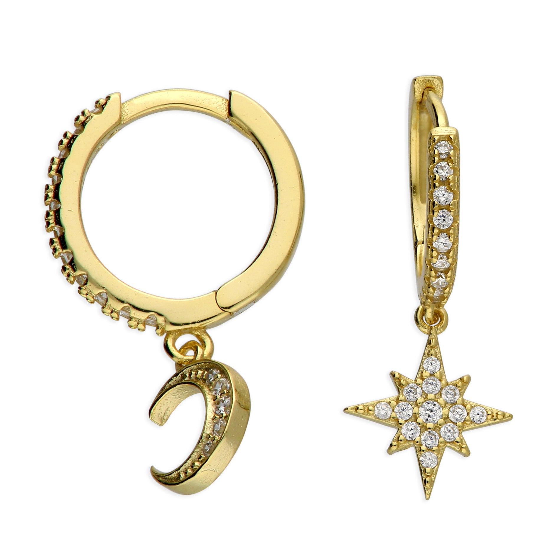 Sterling silver gold-plated moon and star huggie earrings with cubic zirconia