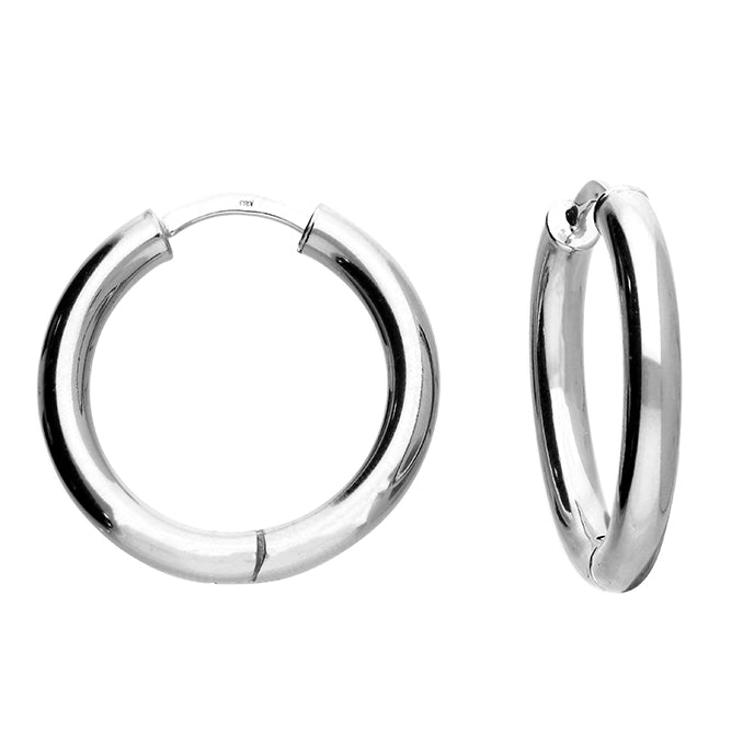 Sterling silver hinged hoop earrings, silver finish, 25mm