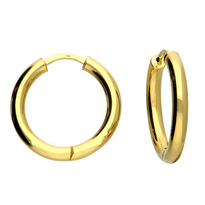 Sterling silver hinged hoop earrings, gold-plated finish, 25mm