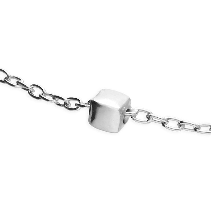 Sterling silver cube station bead anklet, silver finish, close-up detail
