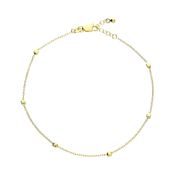 Sterling silver cube station bead anklet, gold-plated finish, full product