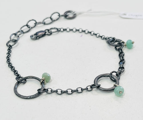 Adele Taylor handmade oxidised sterling silver bracelet with chrysoprase gemstones and hammered rings, made in Sheffield