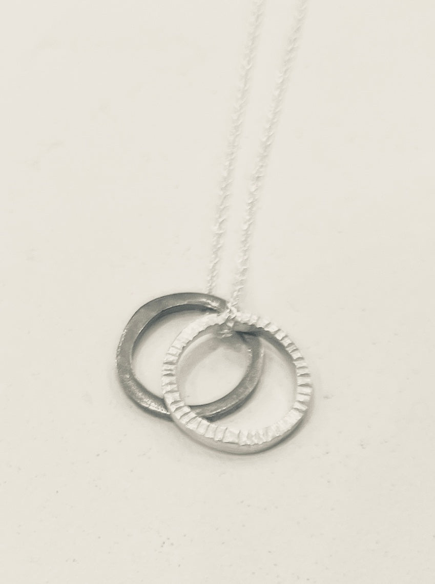 Adele Taylor Two-small Circles Pendant Necklace-Sterling Silver & Oxidised Silver,  Handmade in Sheffield