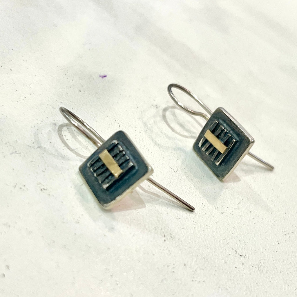 Adele Taylor Square Earrings – Oxidised Silver & 14ct Gold Detail | Handmade in Sheffield