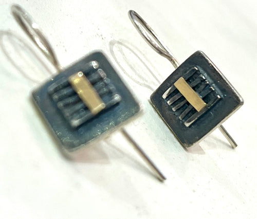 Adele Taylor Square Earrings – Oxidised Silver & 14ct Gold Detail | Handmade in Sheffield