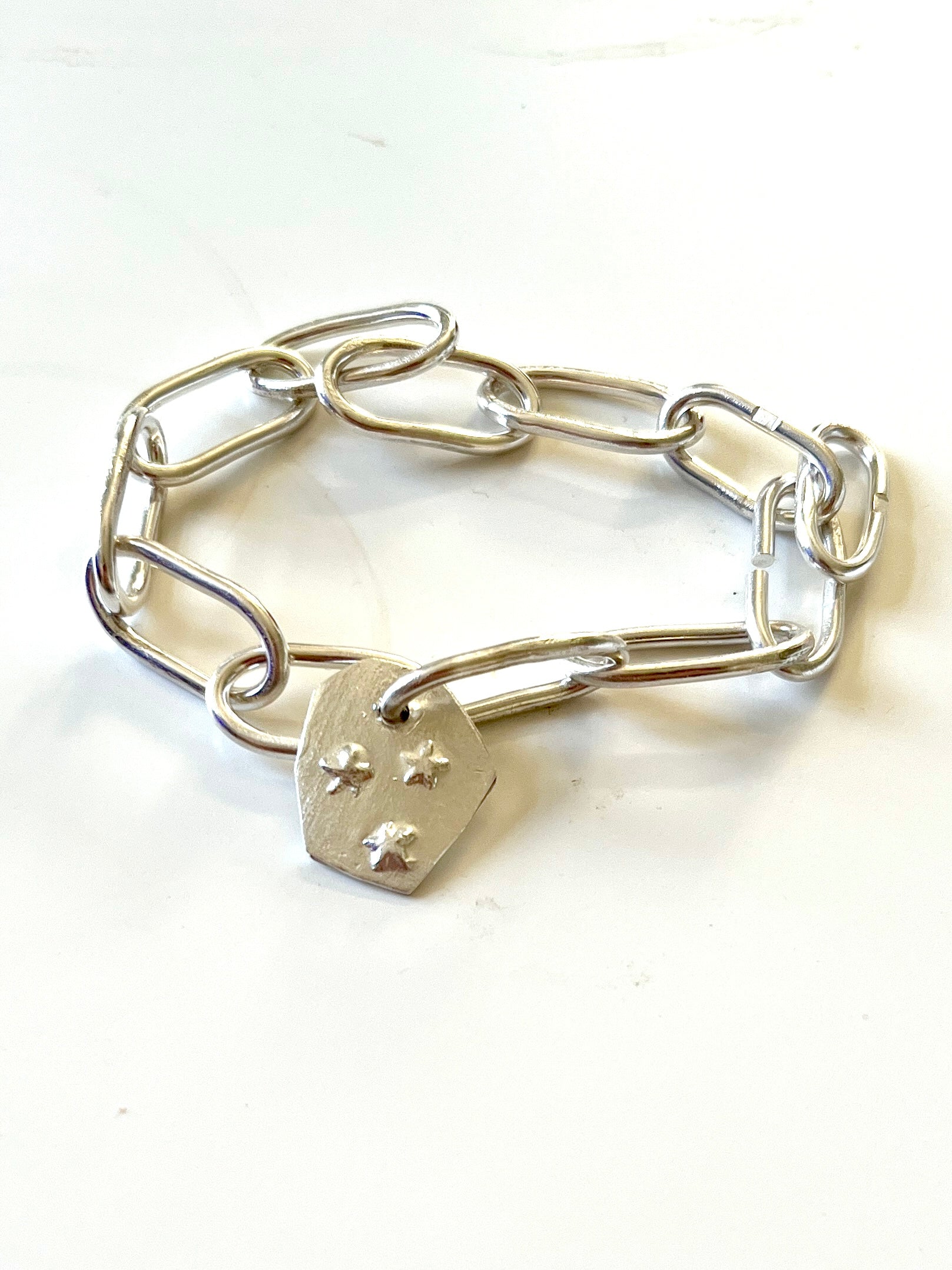 Jennie Gill Sterling sIlver bracelet with Sculptural textured tag & Handmade heavy Chain