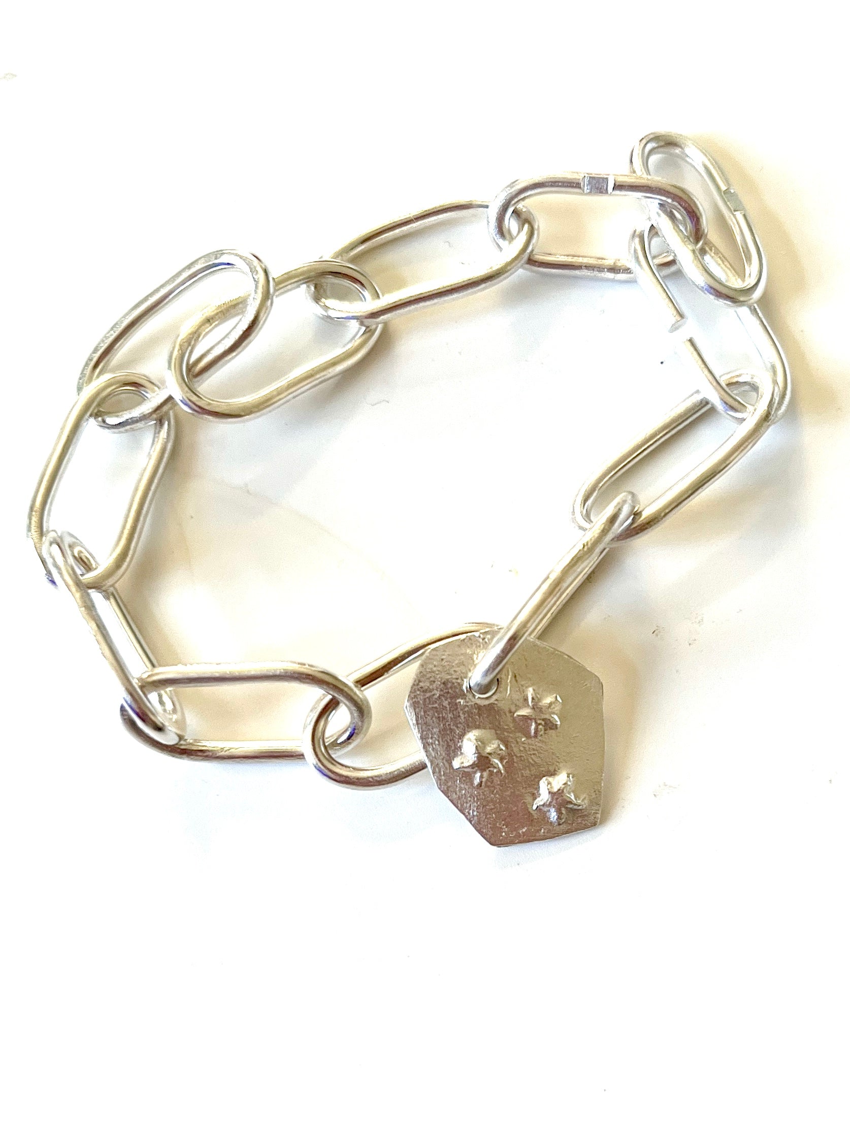 Jennie Gill Sterling sIlver bracelet with Sculptural textured tag & Handmade heavy Chain