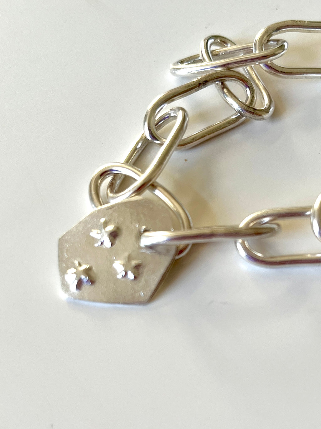 Jennie Gill Sterling sIlver bracelet with Sculptural textured tag & Handmade heavy Chain