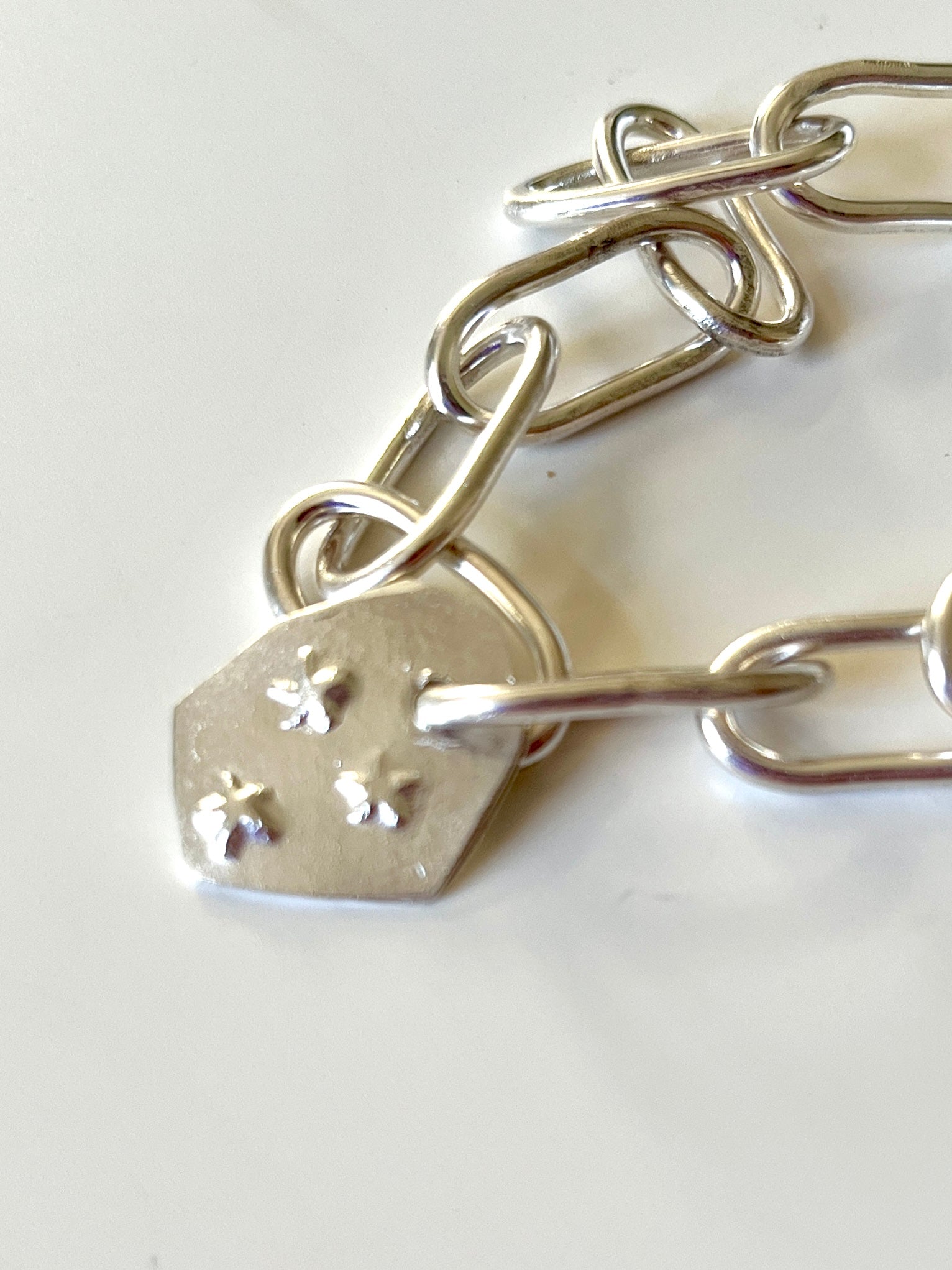 Jennie Gill Sterling sIlver bracelet with Sculptural textured tag & Handmade heavy Chain