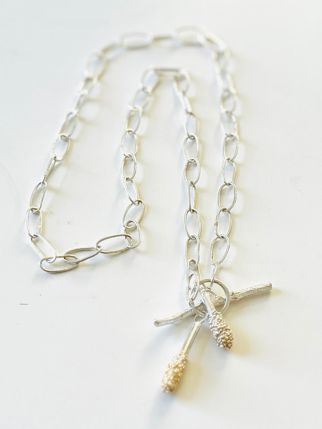 Jennie Gill Silver Necklace with textured gold plated  and rose thorn buckle necklace -Handmade Chain