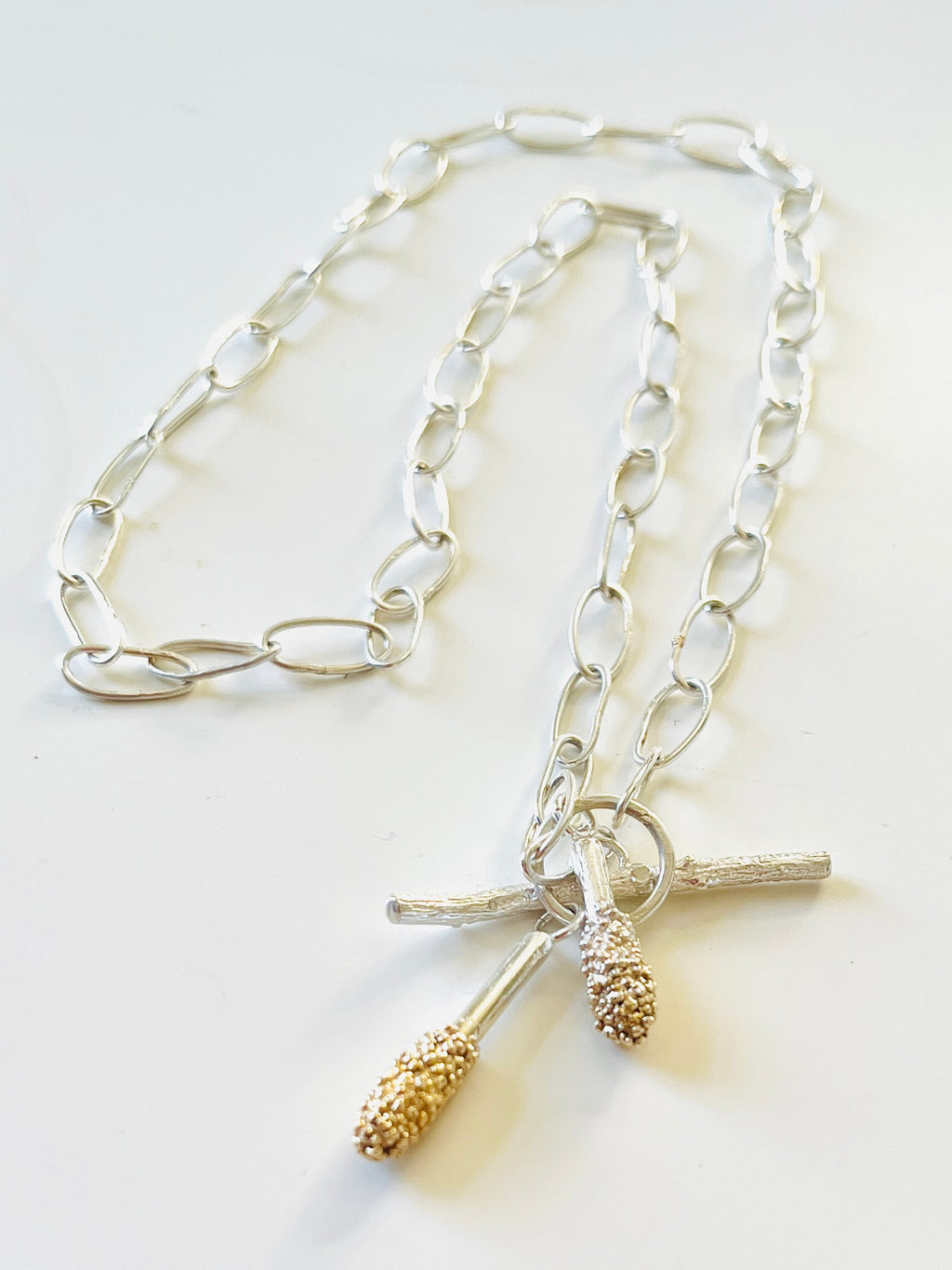 Jennie Gill Silver Necklace with textured gold plated  and rose thorn buckle necklace -Handmade Chain