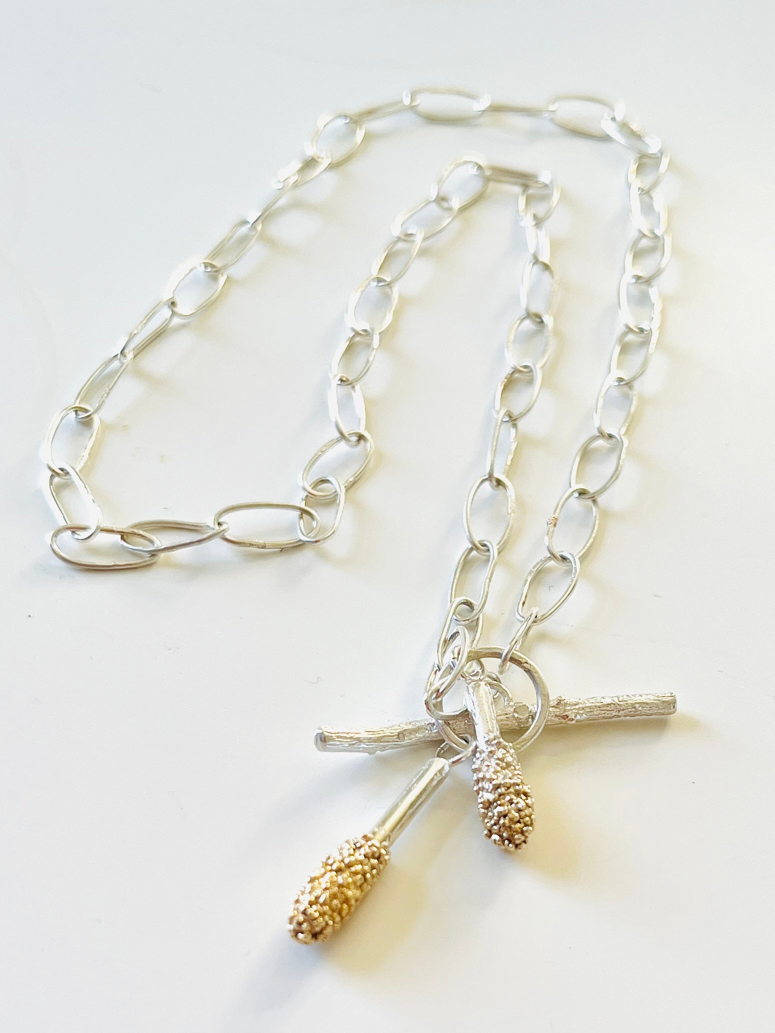 Jennie Gill Silver Necklace with textured gold plated  and rose thorn buckle necklace -Handmade Chain