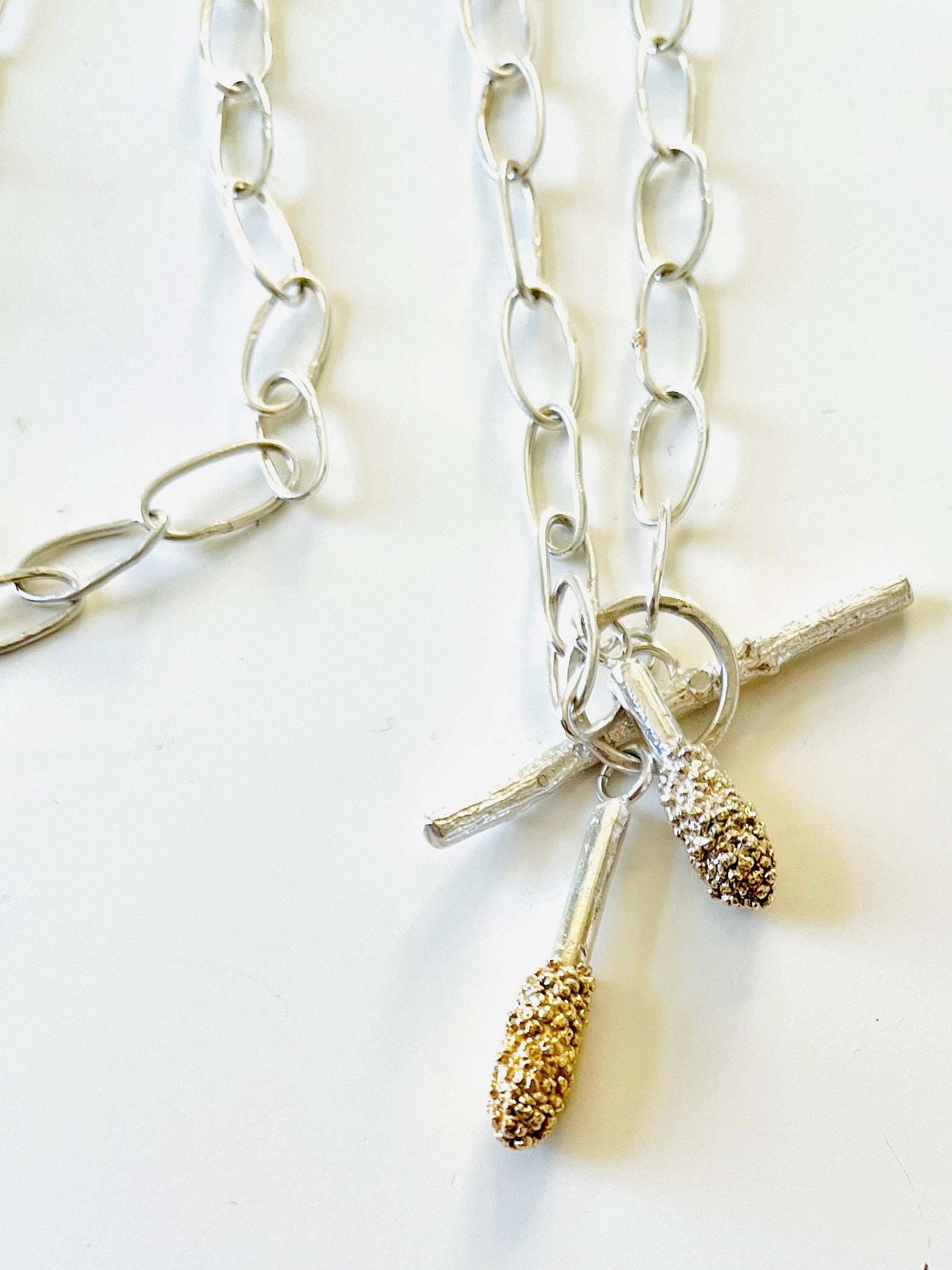 Jennie Gill Silver Necklace with textured gold plated  and rose thorn buckle necklace -Handmade Chain