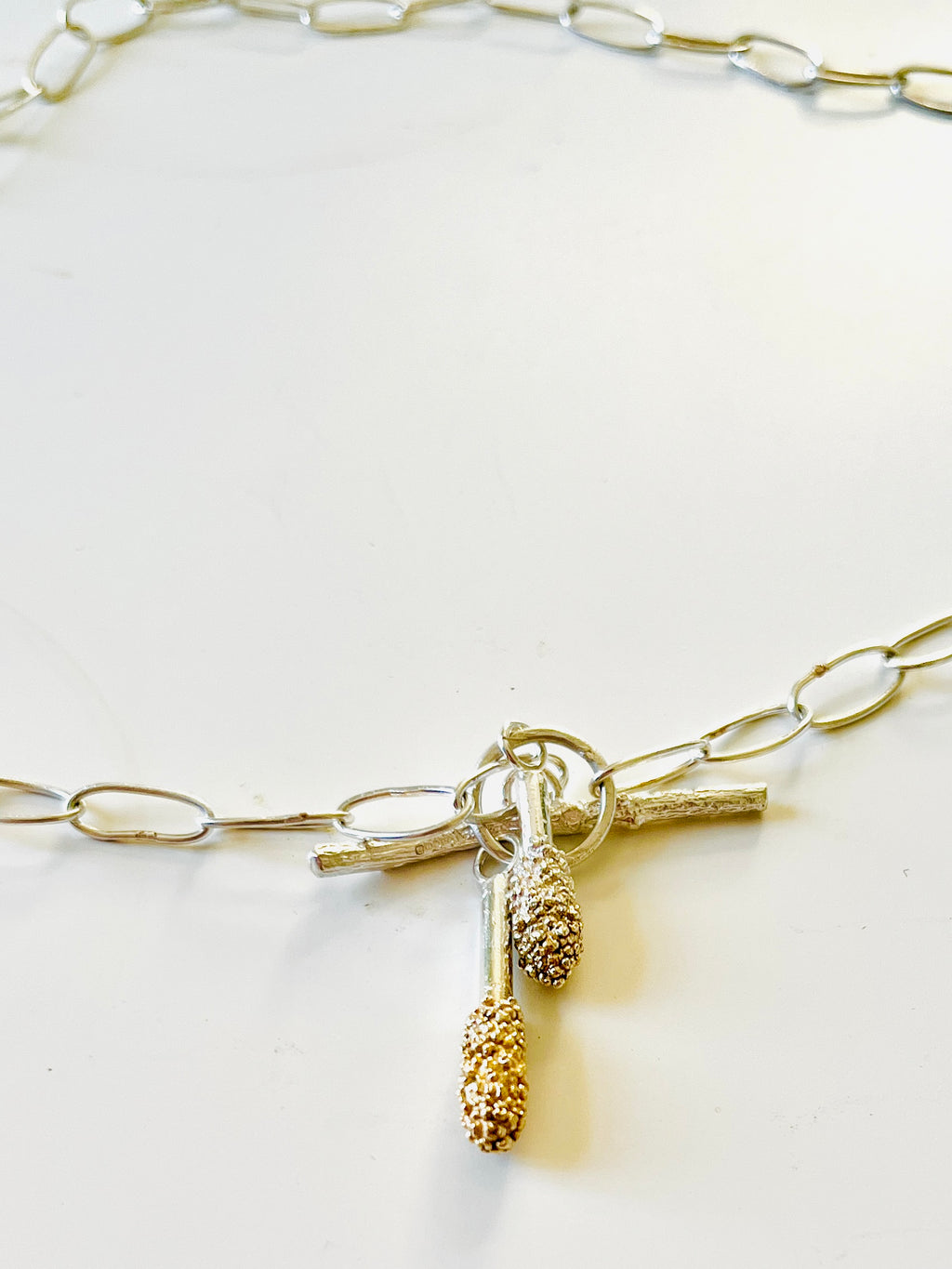 Jennie Gill Silver Necklace with textured gold plated  and rose thorn buckle necklace -Handmade Chain
