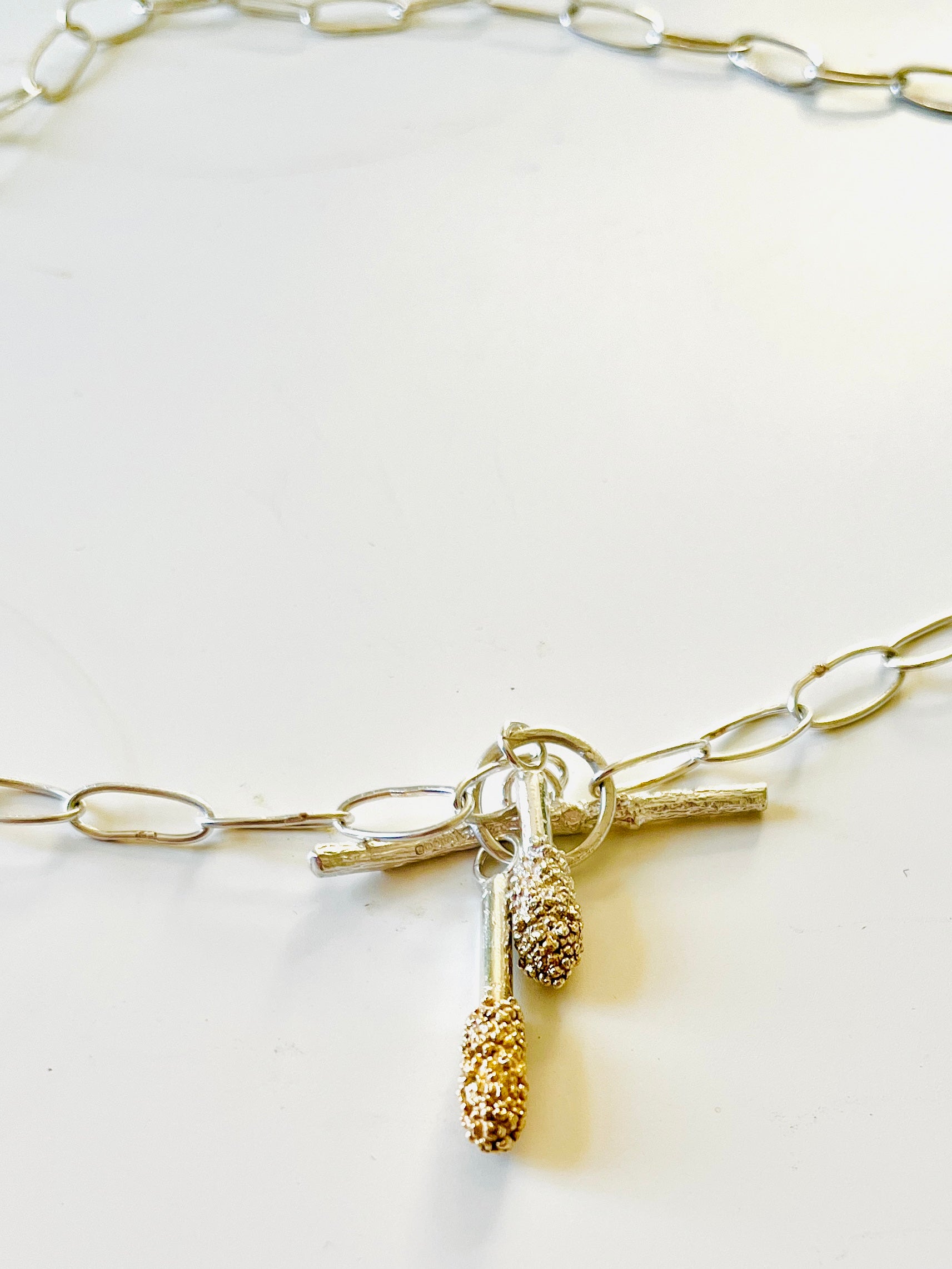 Jennie Gill Silver Necklace with textured gold plated  and rose thorn buckle necklace -Handmade Chain