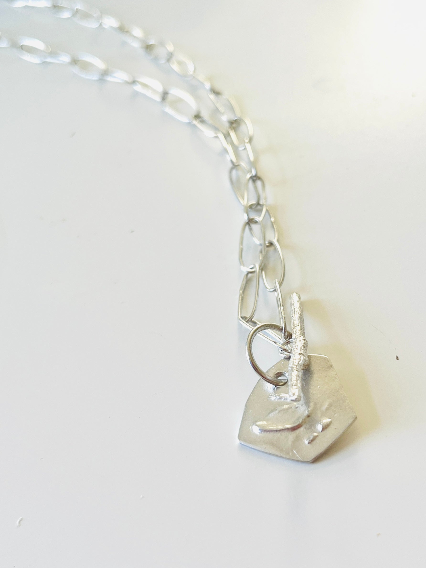 Jennie Gill Sterling sIlver Necklace with Sculptural textured tag & Handmade Chain